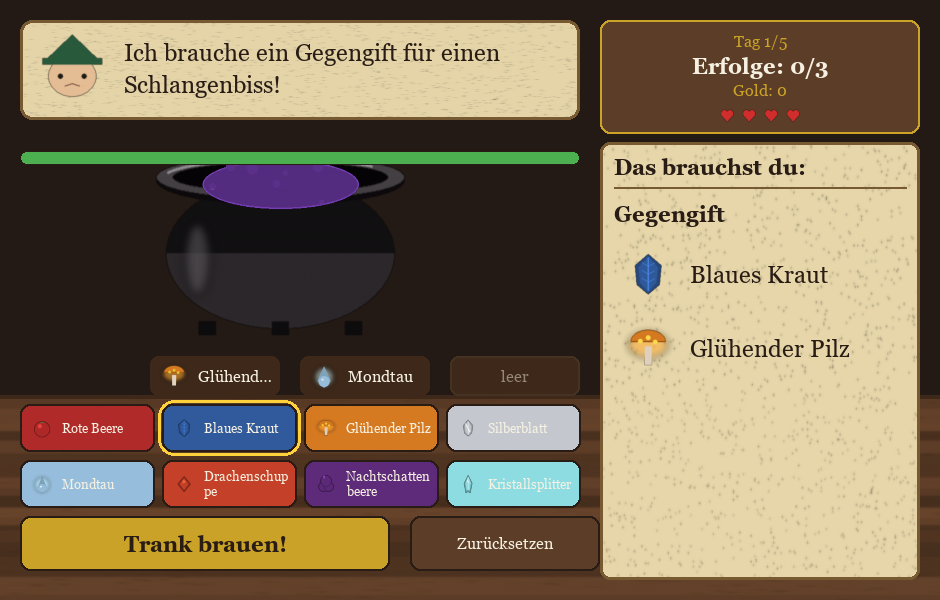 Alchemie-Laden gameplay: a customer asks for an antidote while ingredients sit in the cauldron