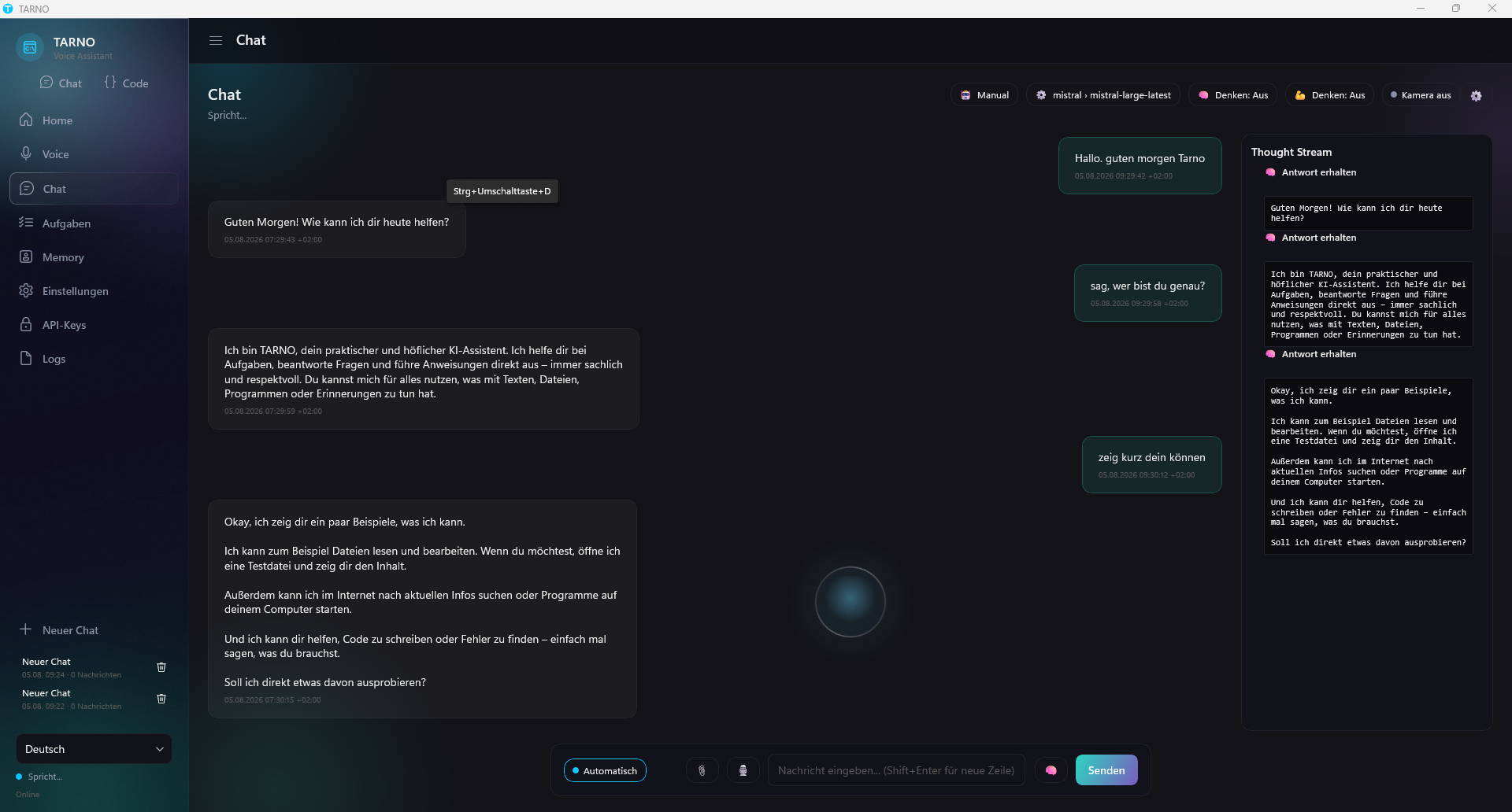 TARNO chat: the assistant introduces itself and offers to read files, search the web, or write code